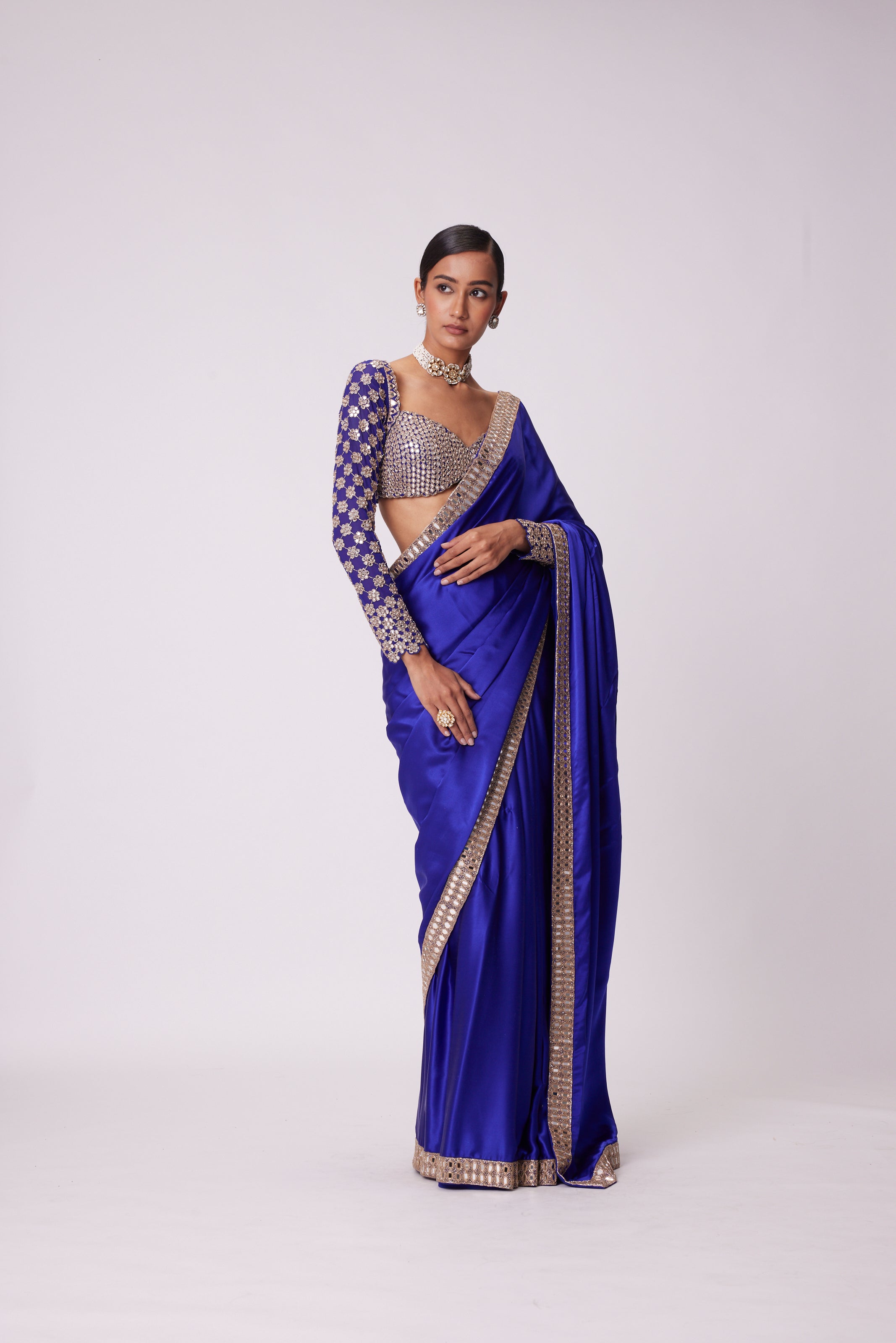 PERSIAN BLUE SATIN SAREE SET