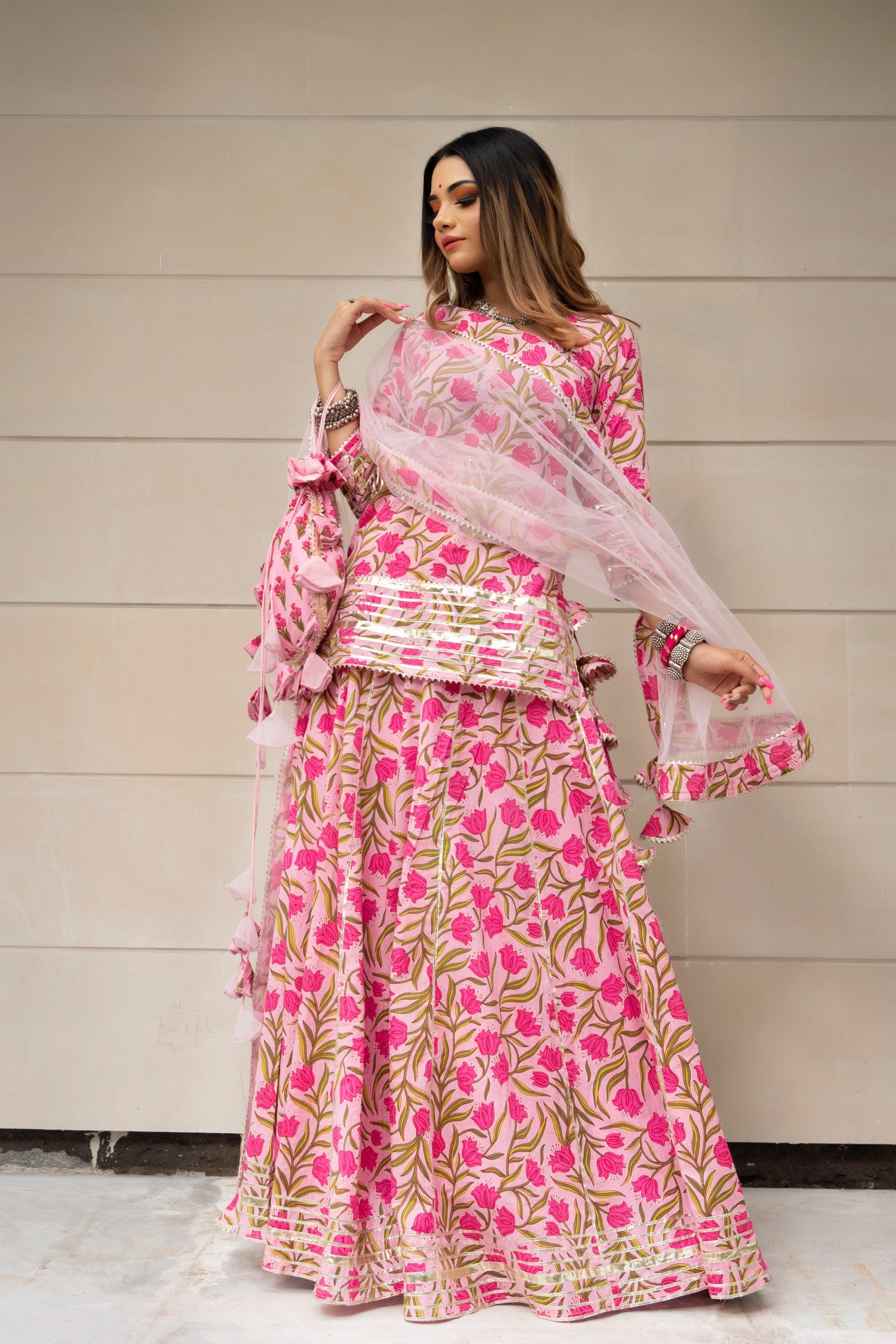 TULSI PINK COTTON HAND BLOCK SKIRT SET