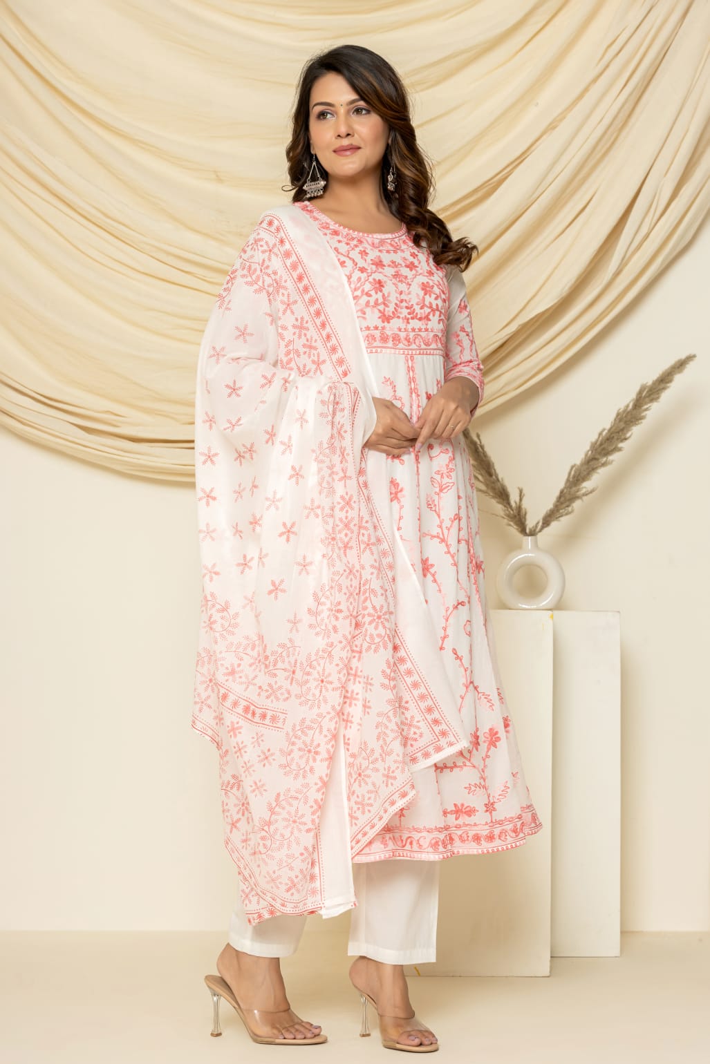 Peach -aari embroidered suit set with pant and dupatta