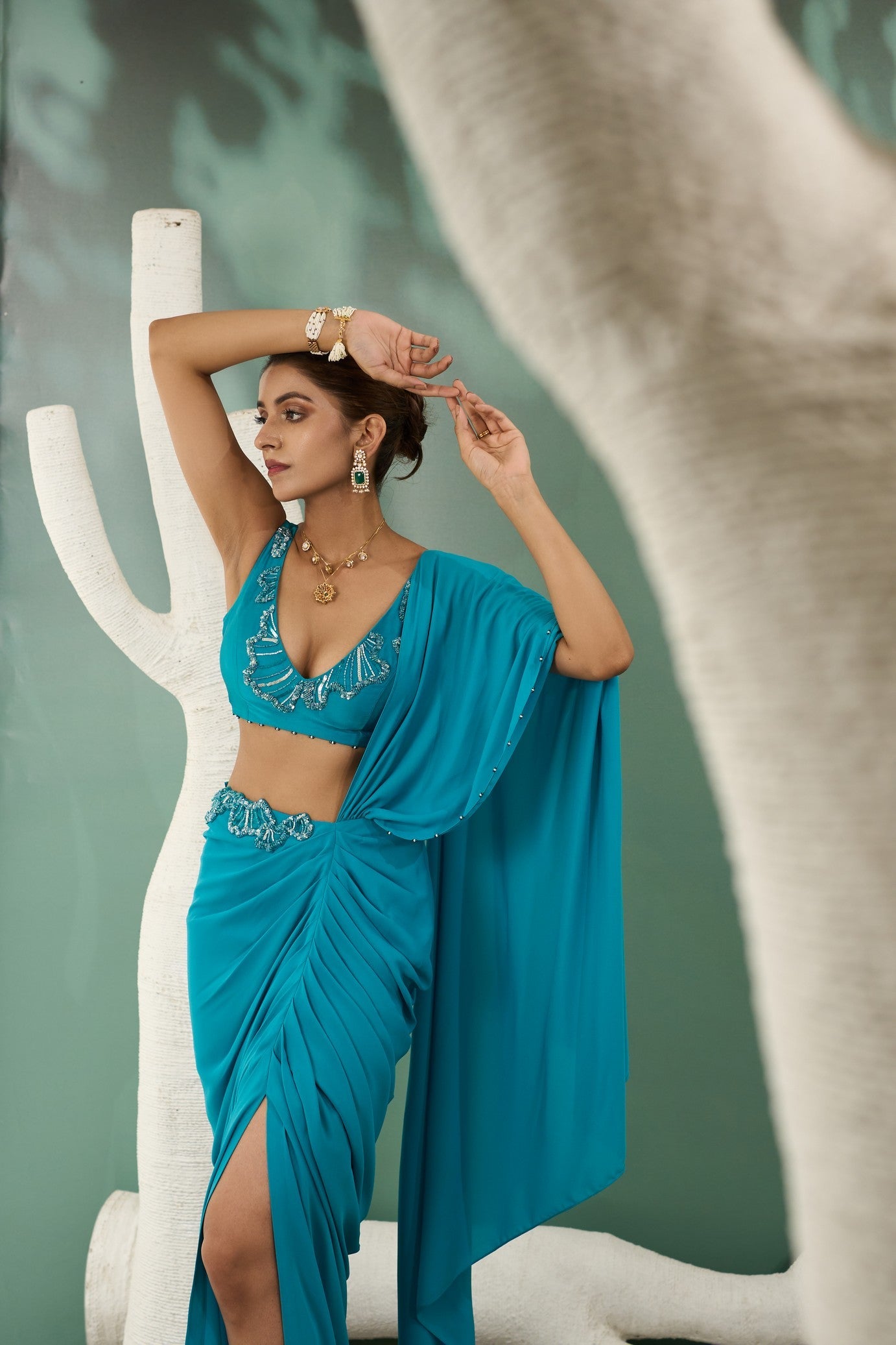 Firozi Blue Drape Saree Set