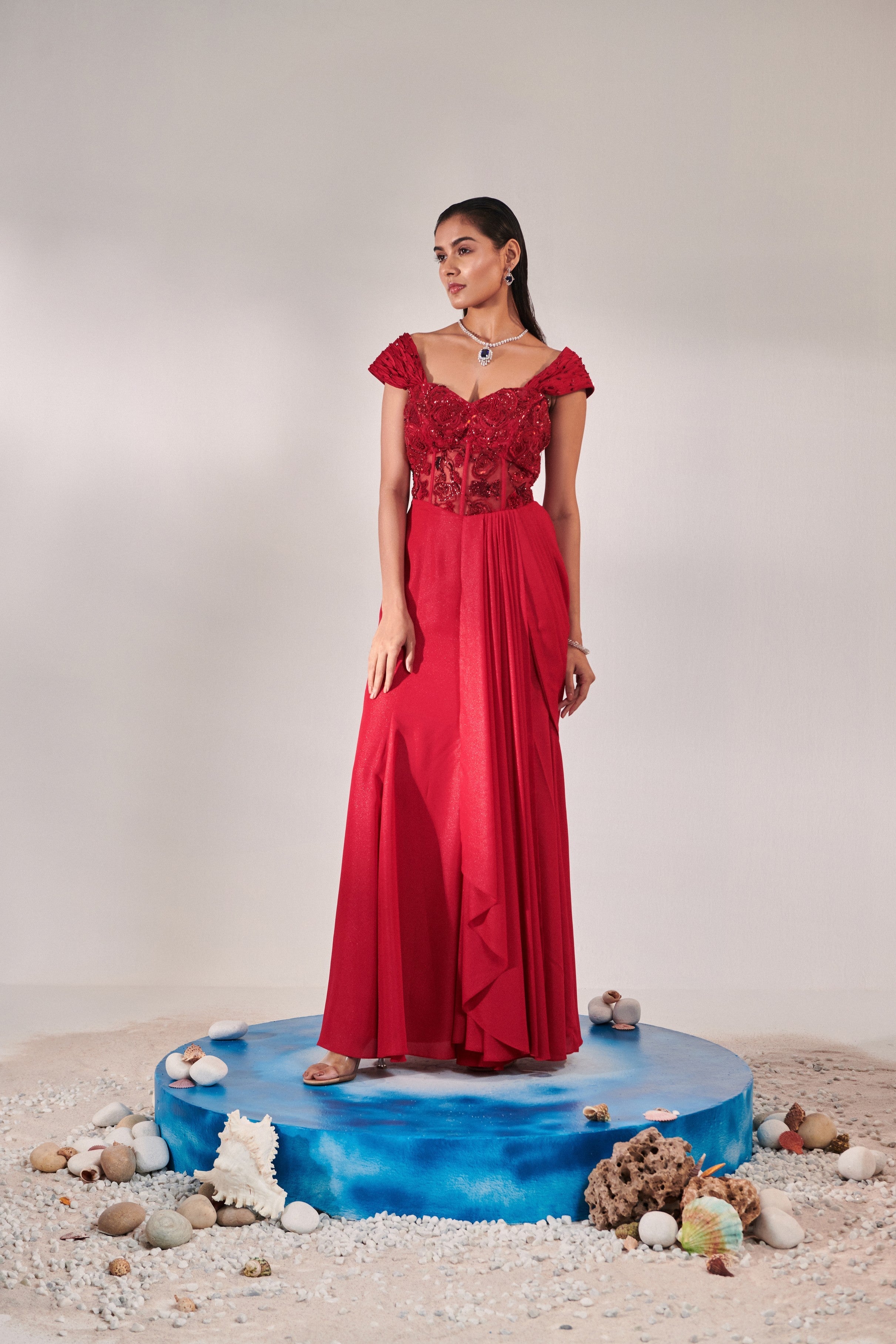 Corset fitted gown with drape saree