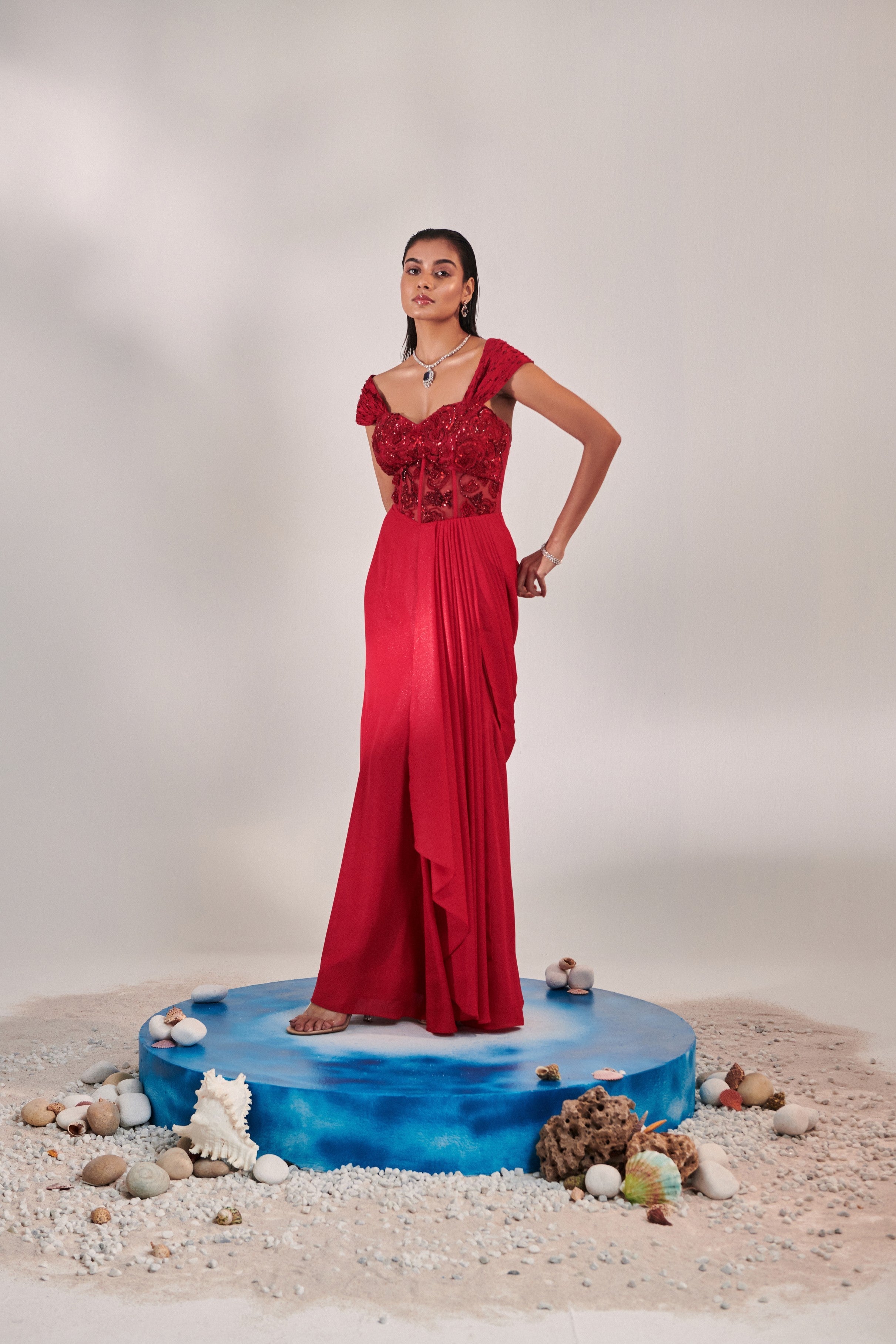 Corset fitted gown with drape saree