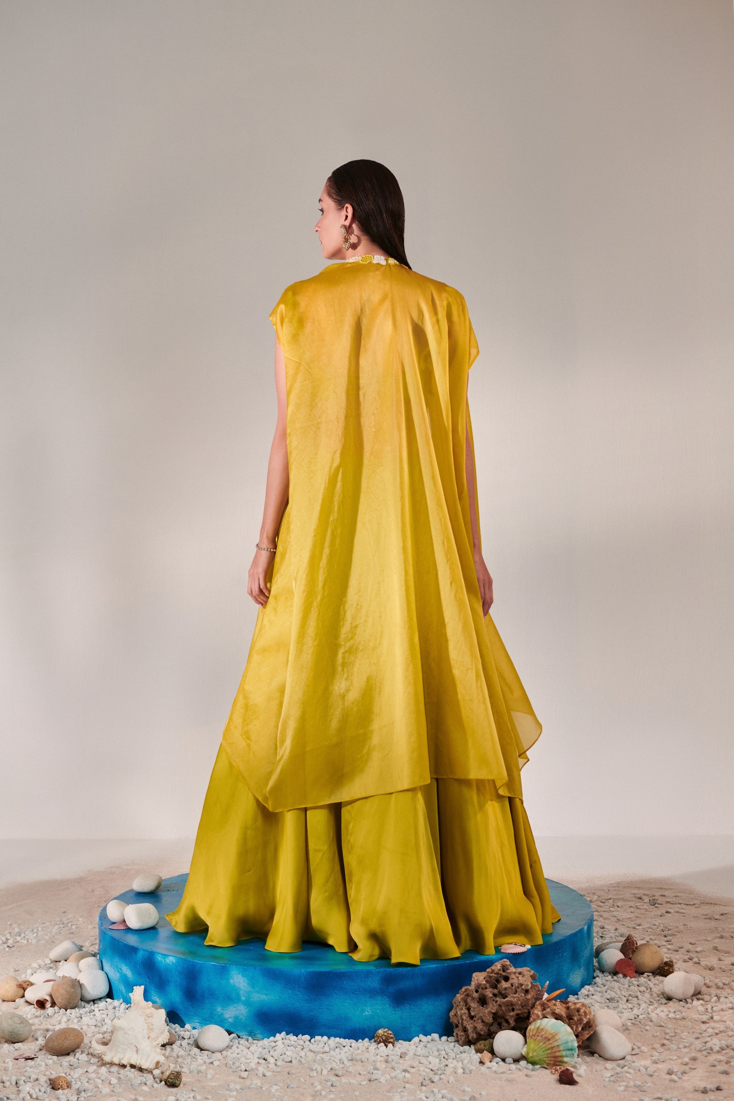 Cutwork blouse; cape; lehenga set