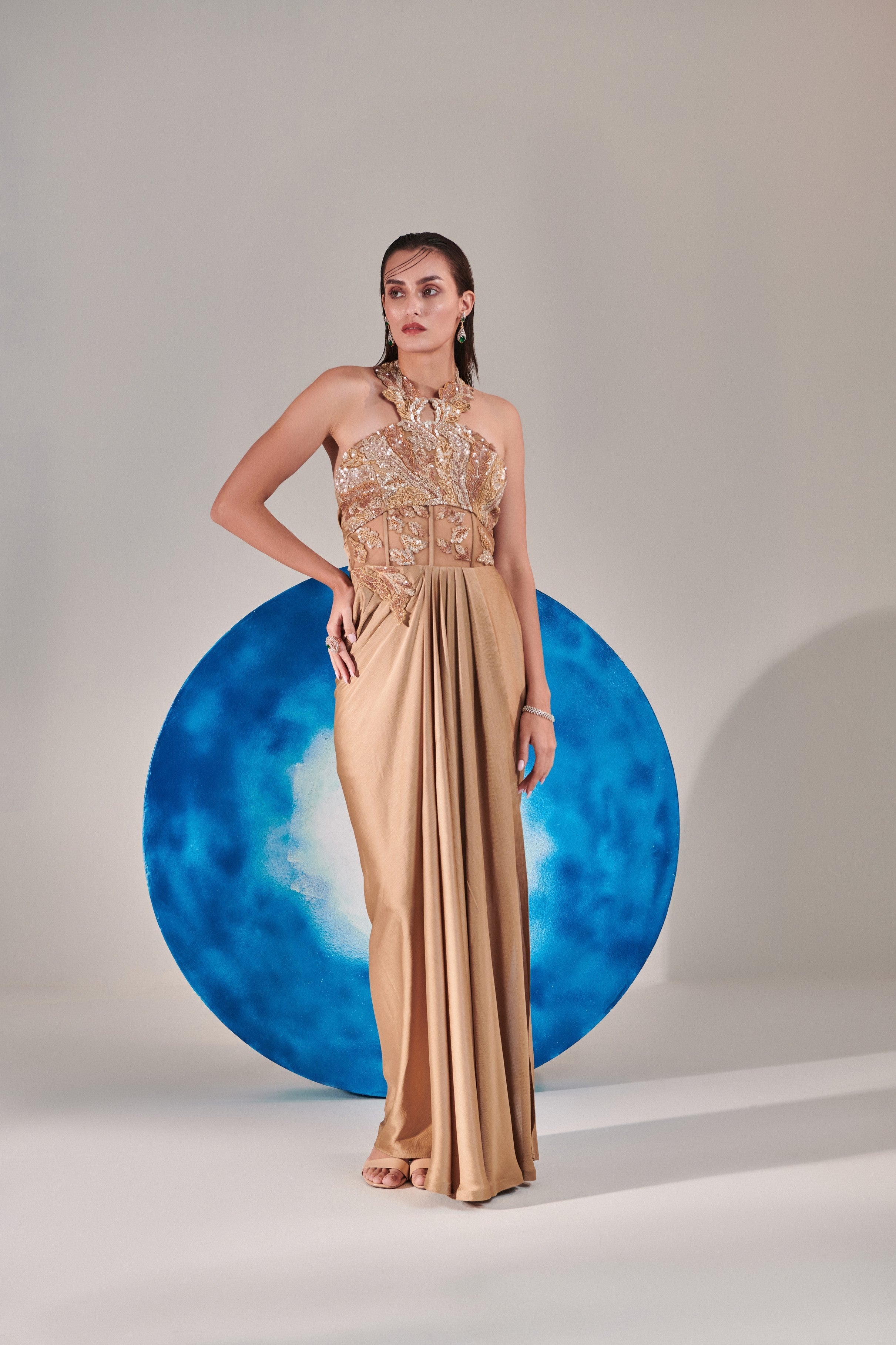 Champagne gold corset halterneck gown cutwork embroidery