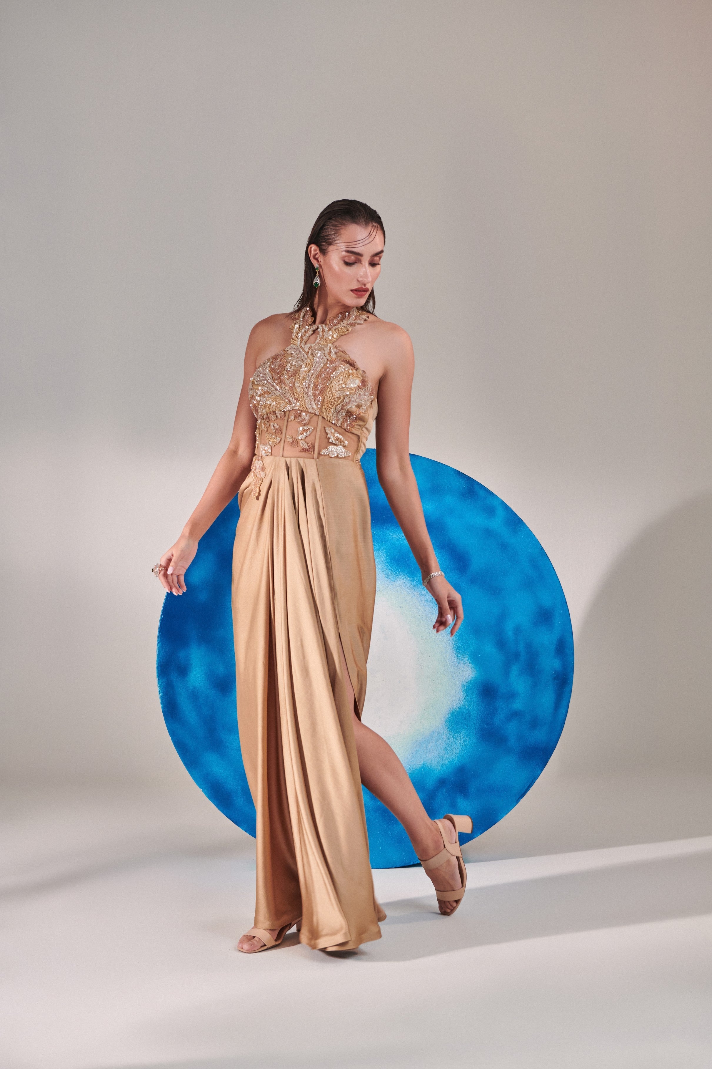 Champagne gold corset halterneck gown cutwork embroidery