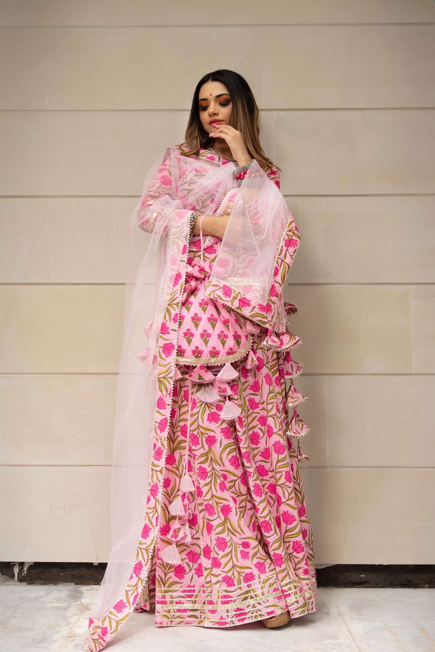 TULSI PINK COTTON HAND BLOCK SKIRT SET