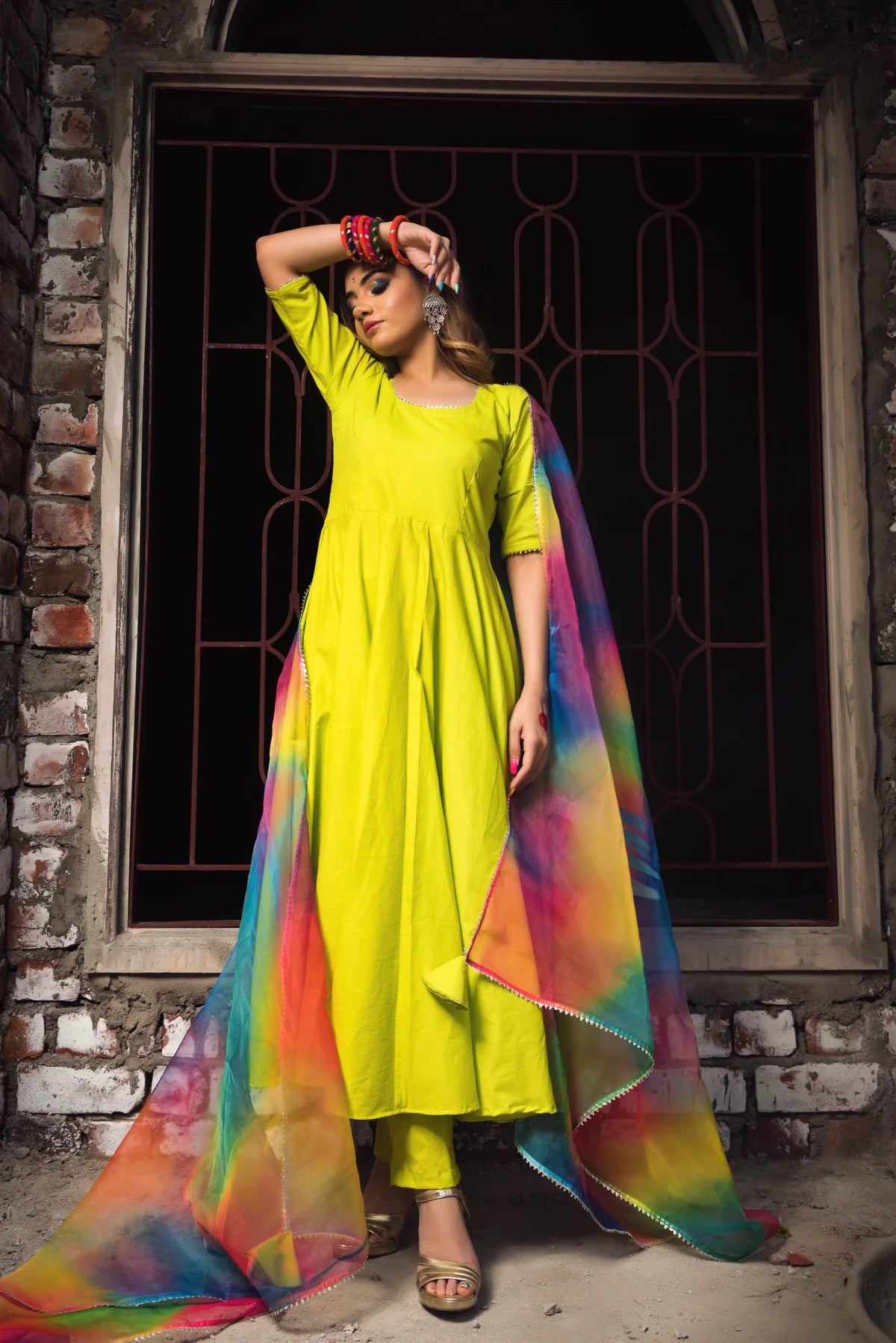 GULAAL GREEN PURE COTTON ANARKALI SET