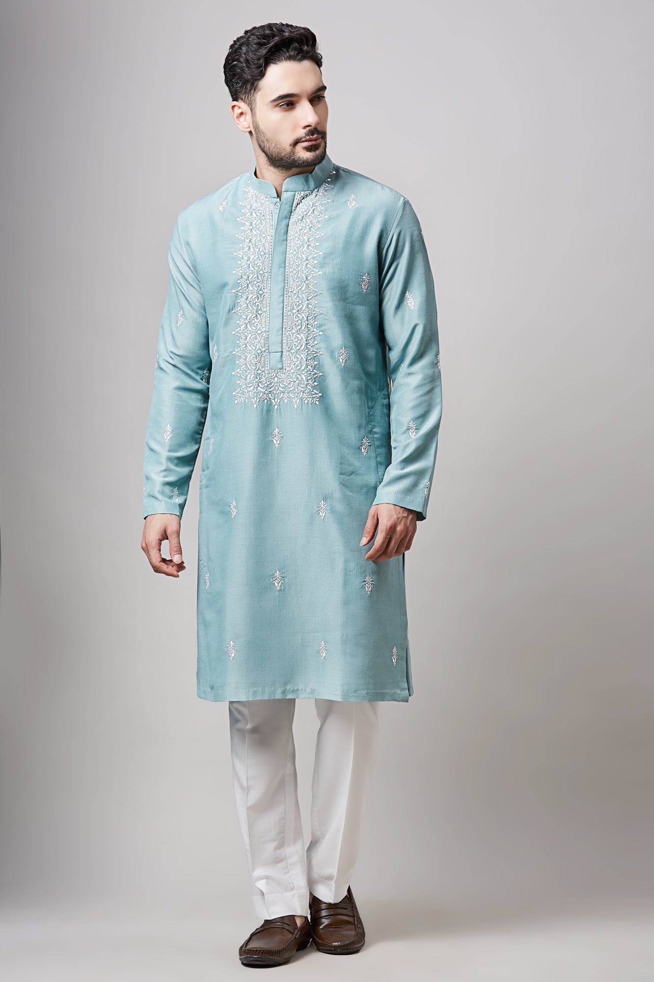 BLUE SOY SILK MACHINE EMBROIDERED  KURTA SET