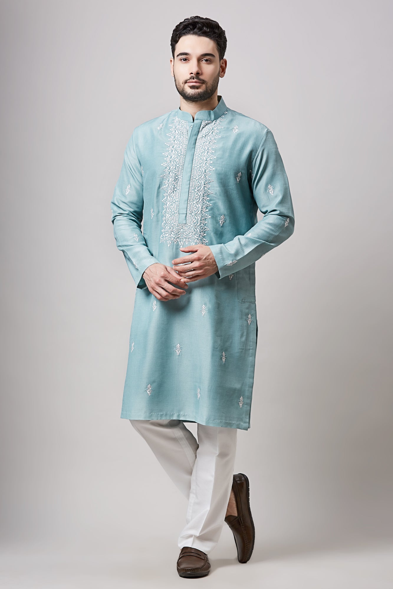 BLUE SOY SILK MACHINE EMBROIDERED  KURTA SET