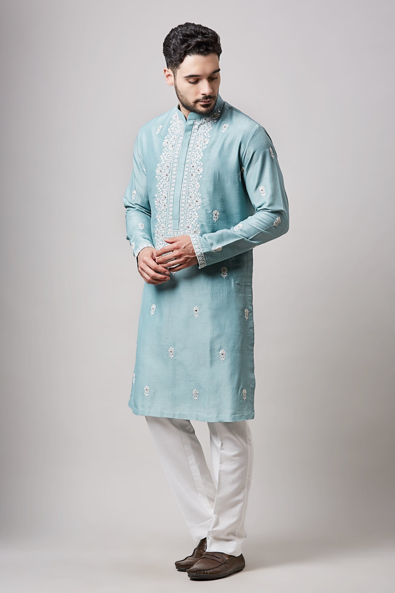 BLUE SOY SILK MIRROR WORK KURTA SET