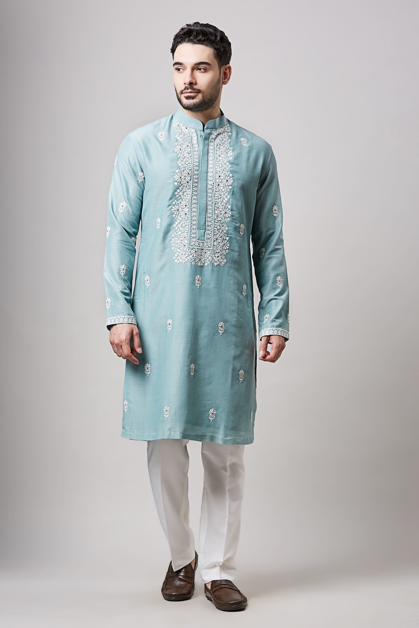 BLUE SOY SILK MIRROR WORK KURTA SET