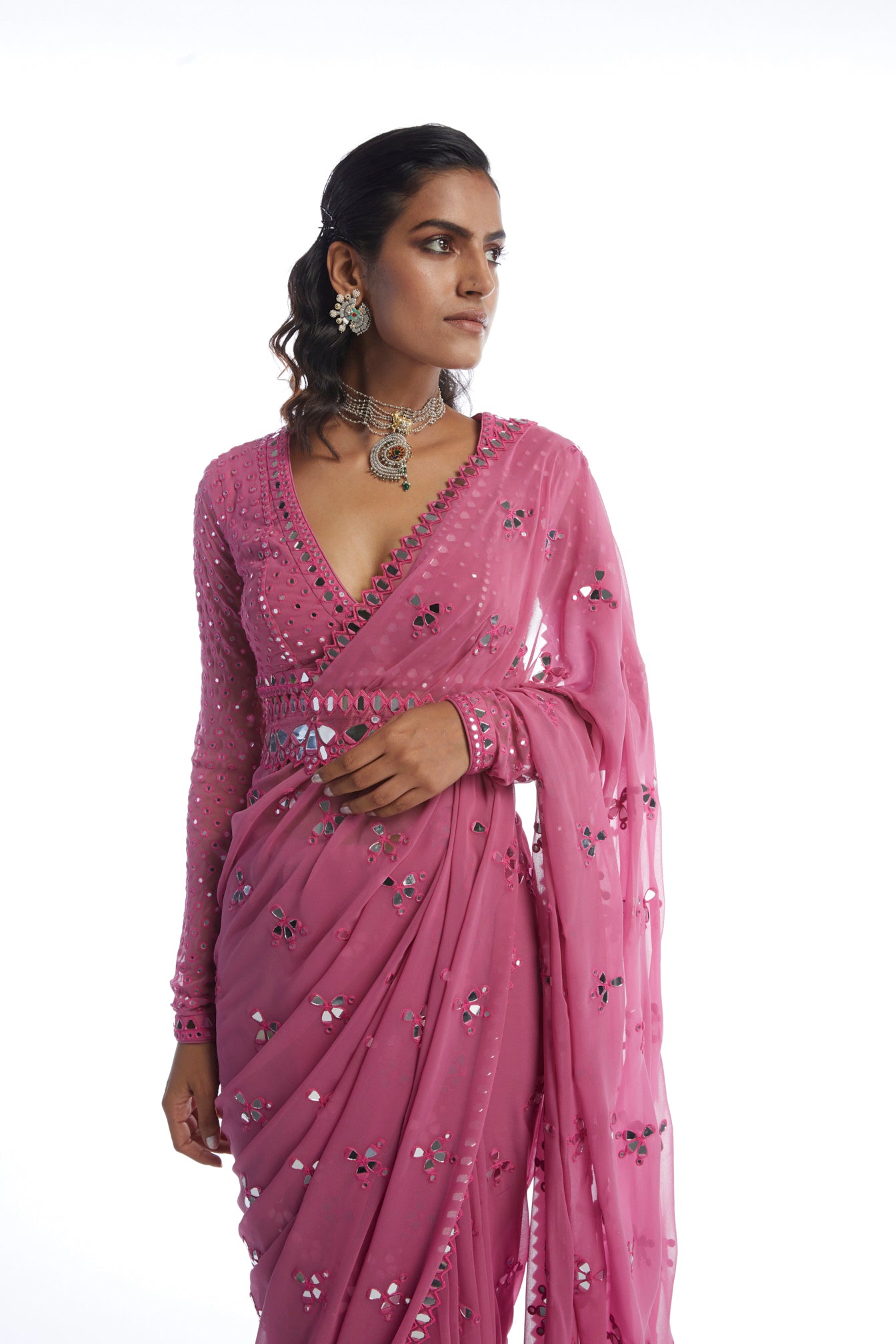 DARK BLUSH MIRROR CUT WORK SAREE