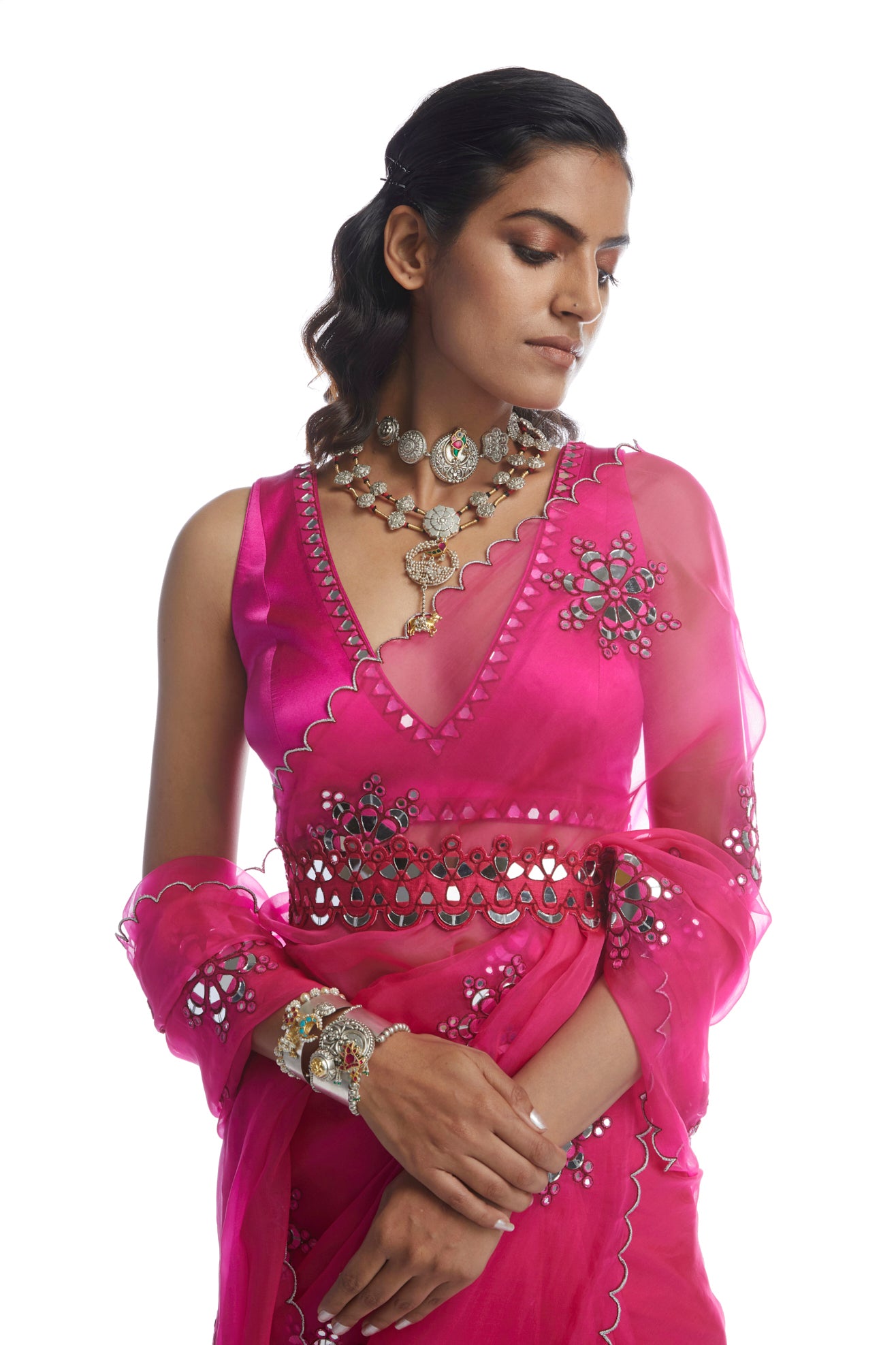 PEACOCK PINK MIRROR CUTWORK SAREE