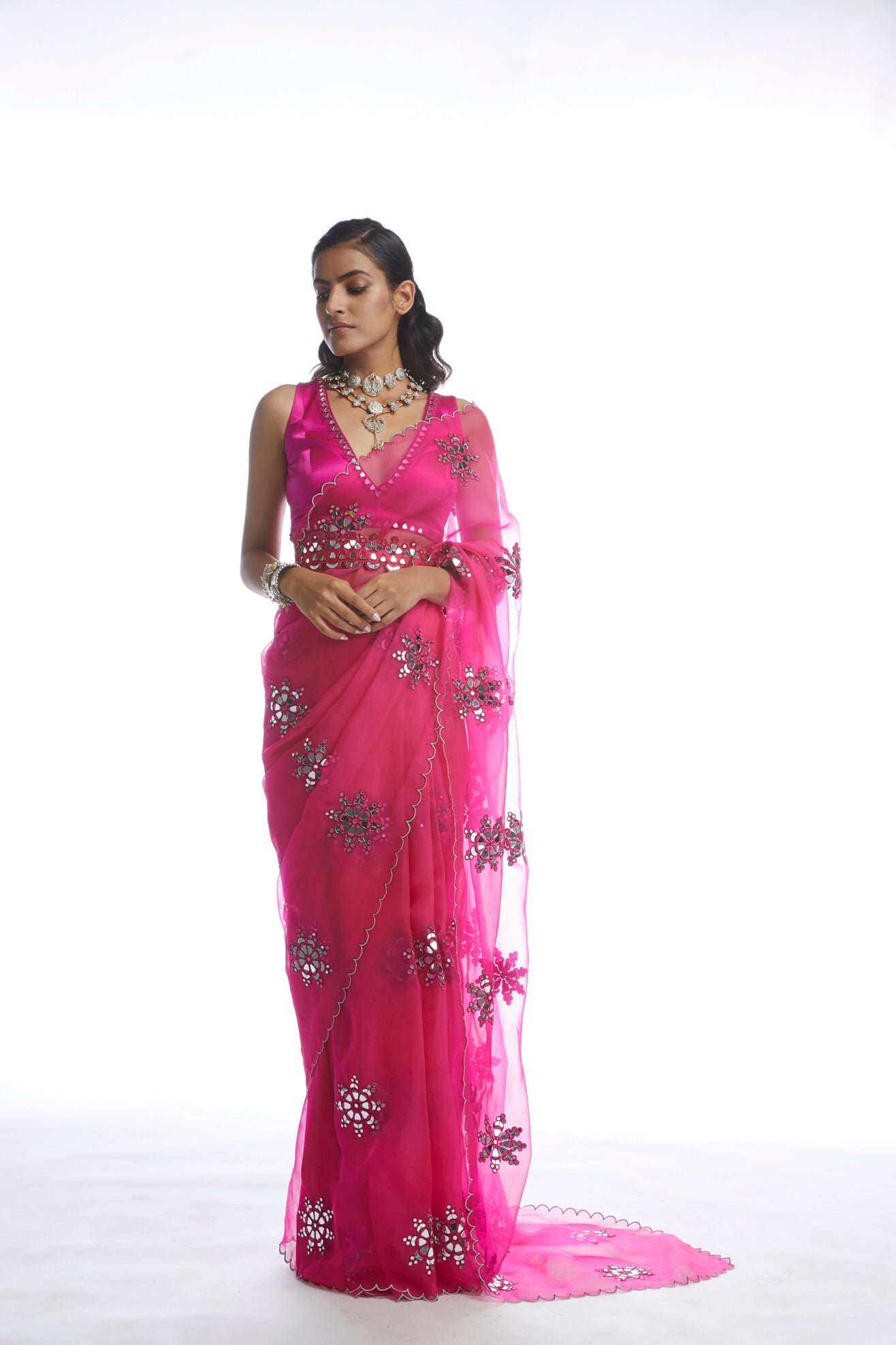 PEACOCK PINK MIRROR CUTWORK SAREE