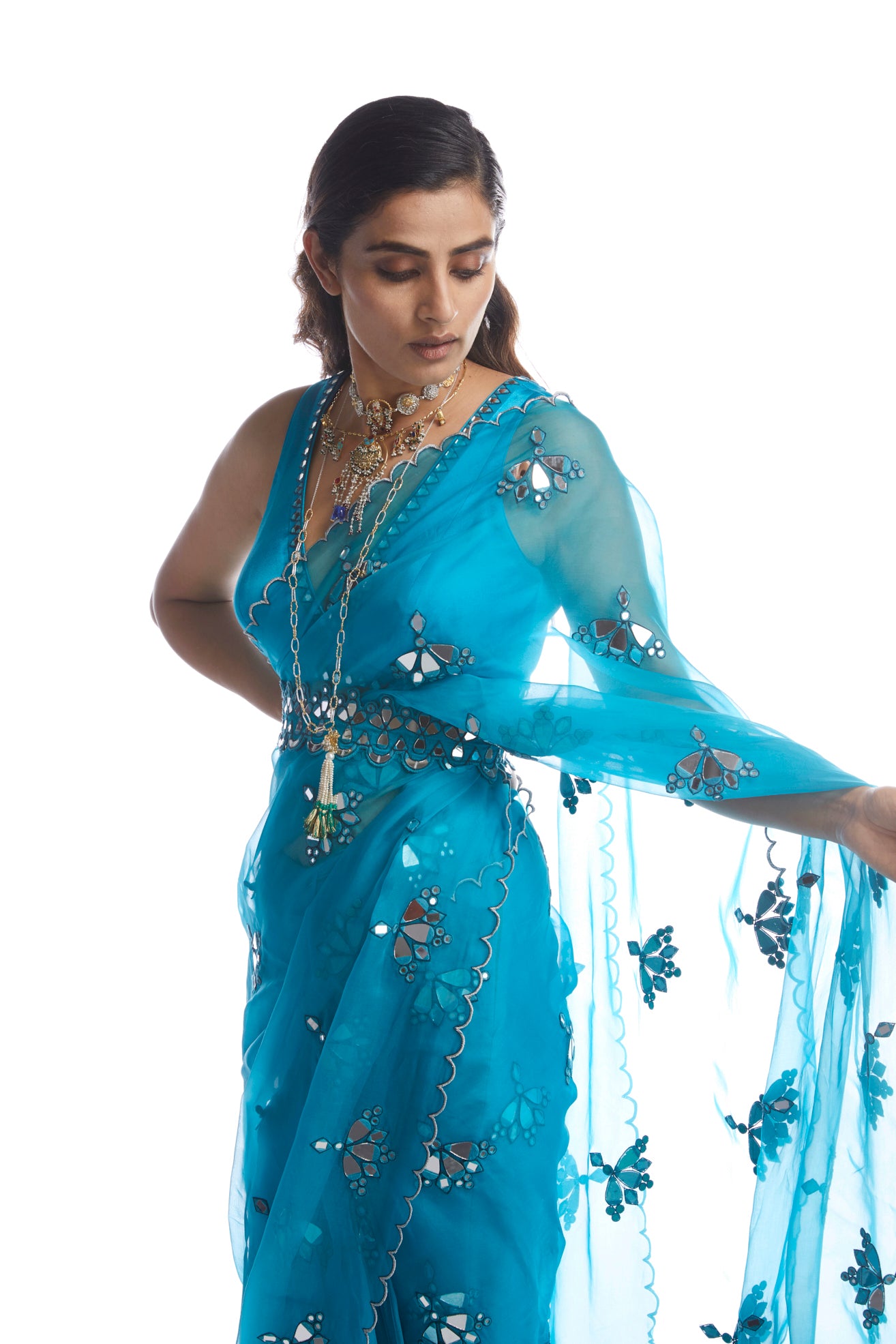 TURQOISE BLUE MIRROR CUT WORK SAREE SET