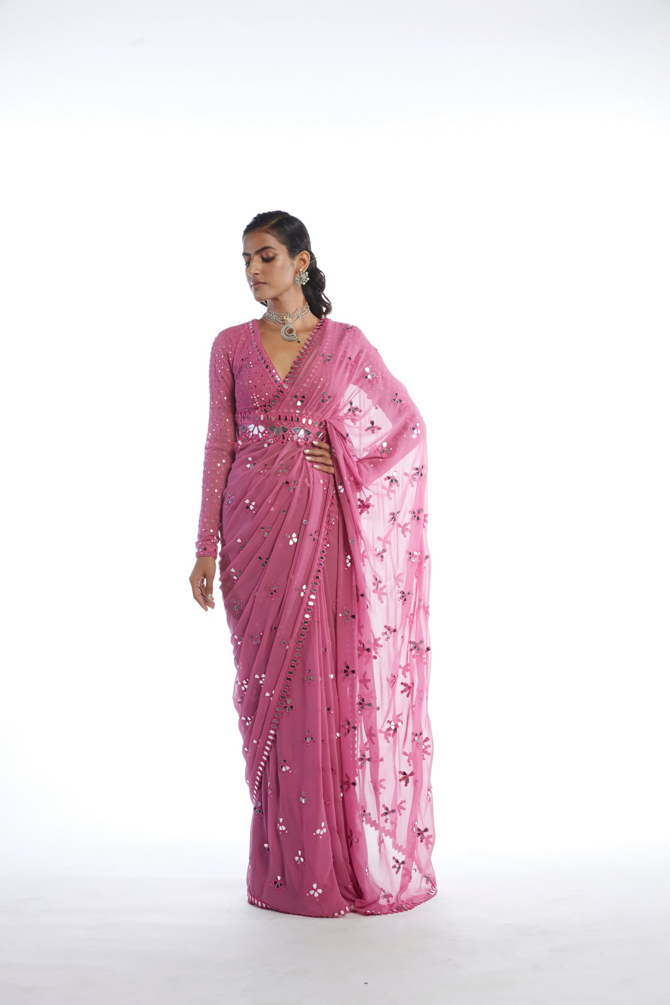 DARK BLUSH MIRROR CUT WORK SAREE