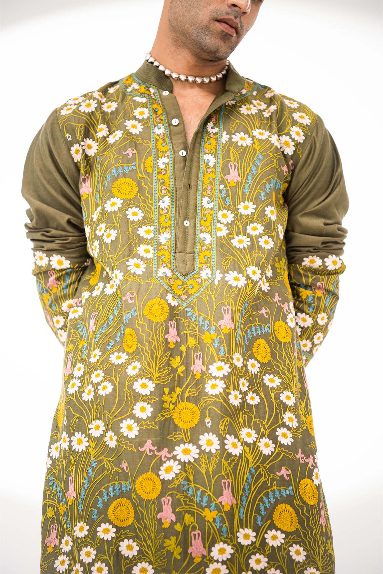 Chanderi Olive Garden Kurta With Pants