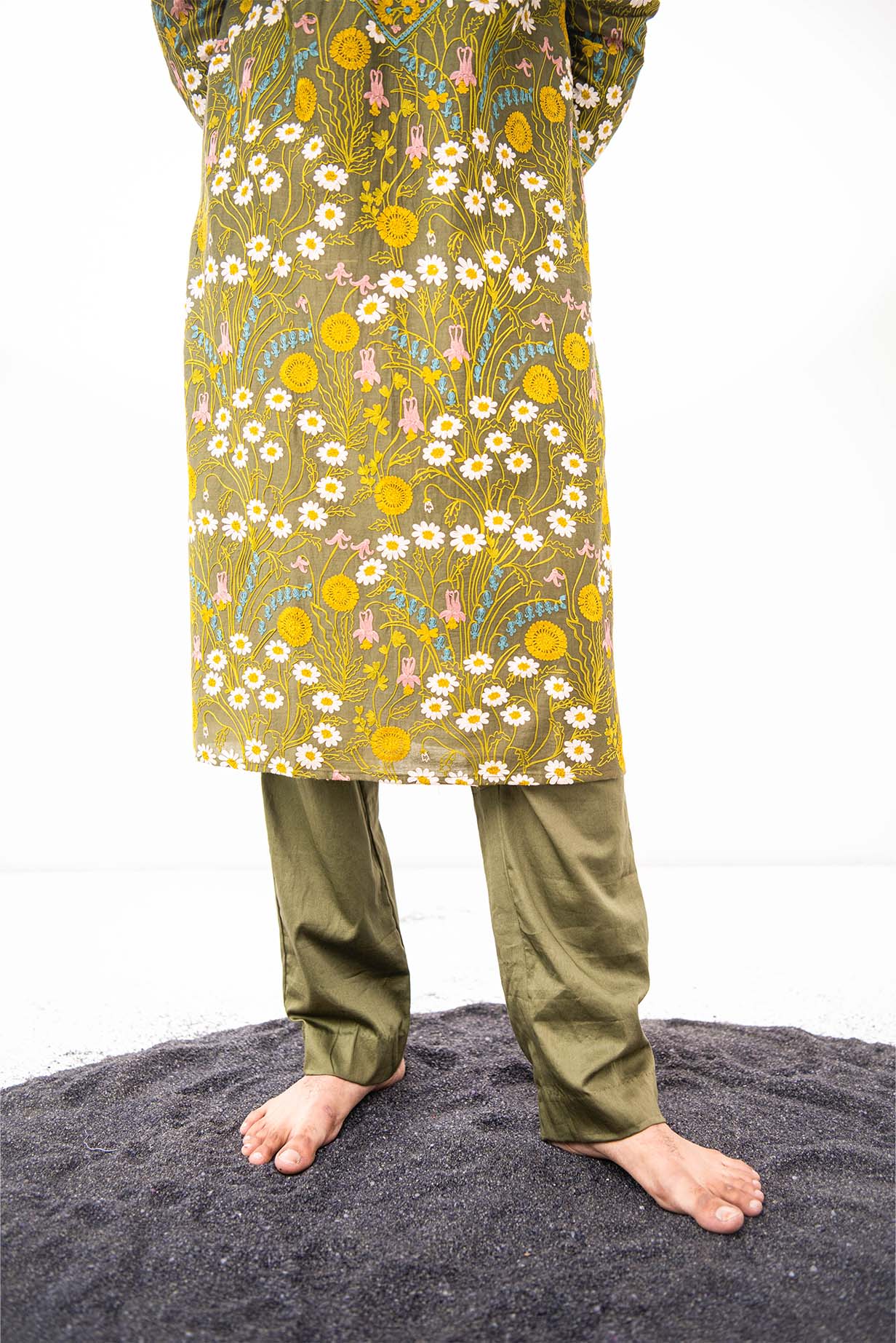 Chanderi Olive Garden Kurta With Pants