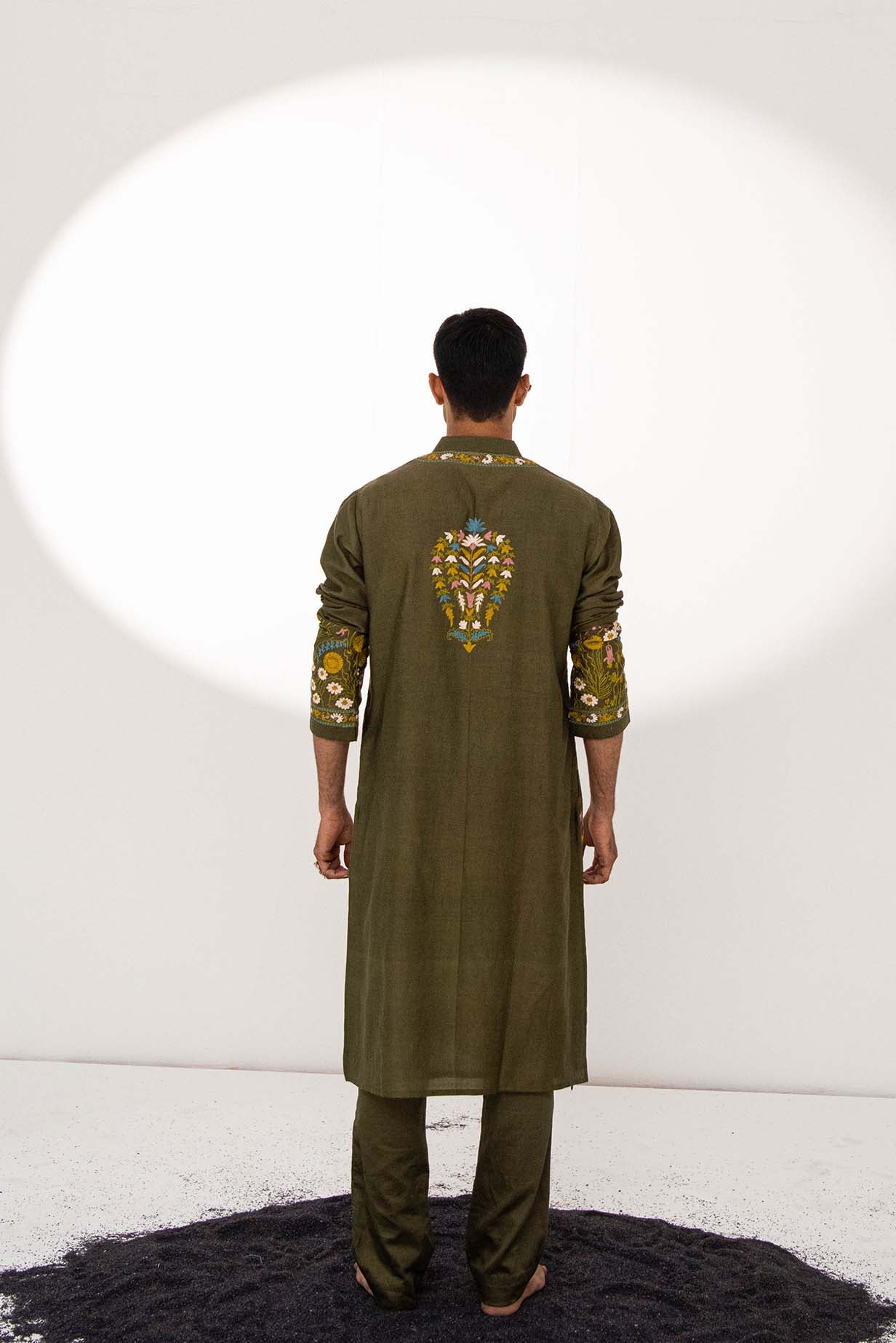 Chanderi Olive Garden Kurta With Pants