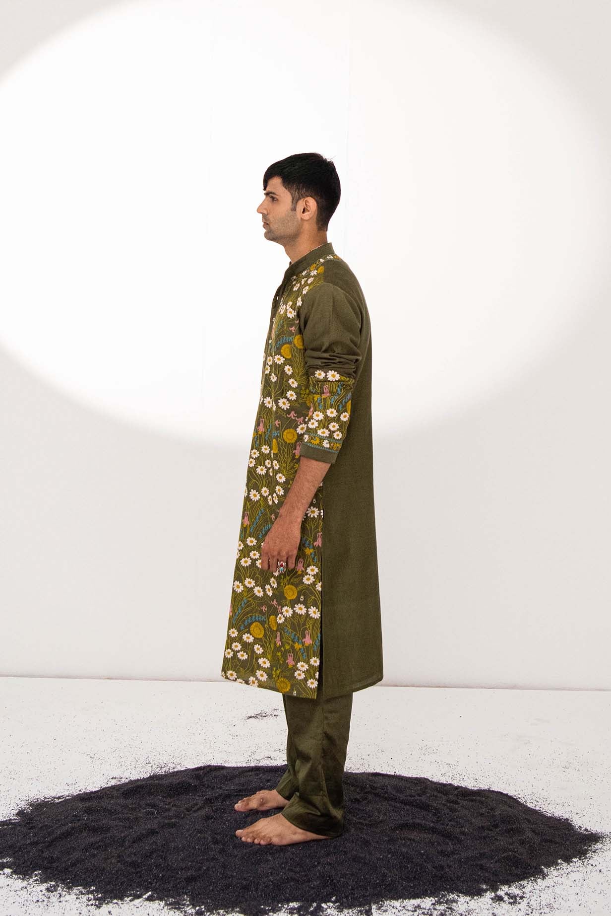 Chanderi Olive Garden Kurta With Pants