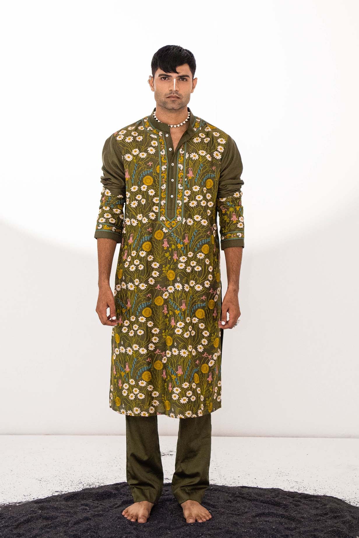 Chanderi Olive Garden Kurta With Pants