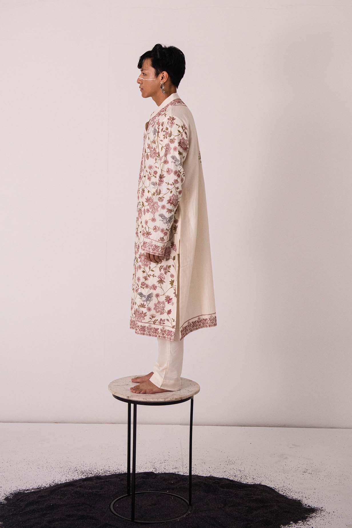 Chanderi Ivory Flying Crane Kurta With Pants