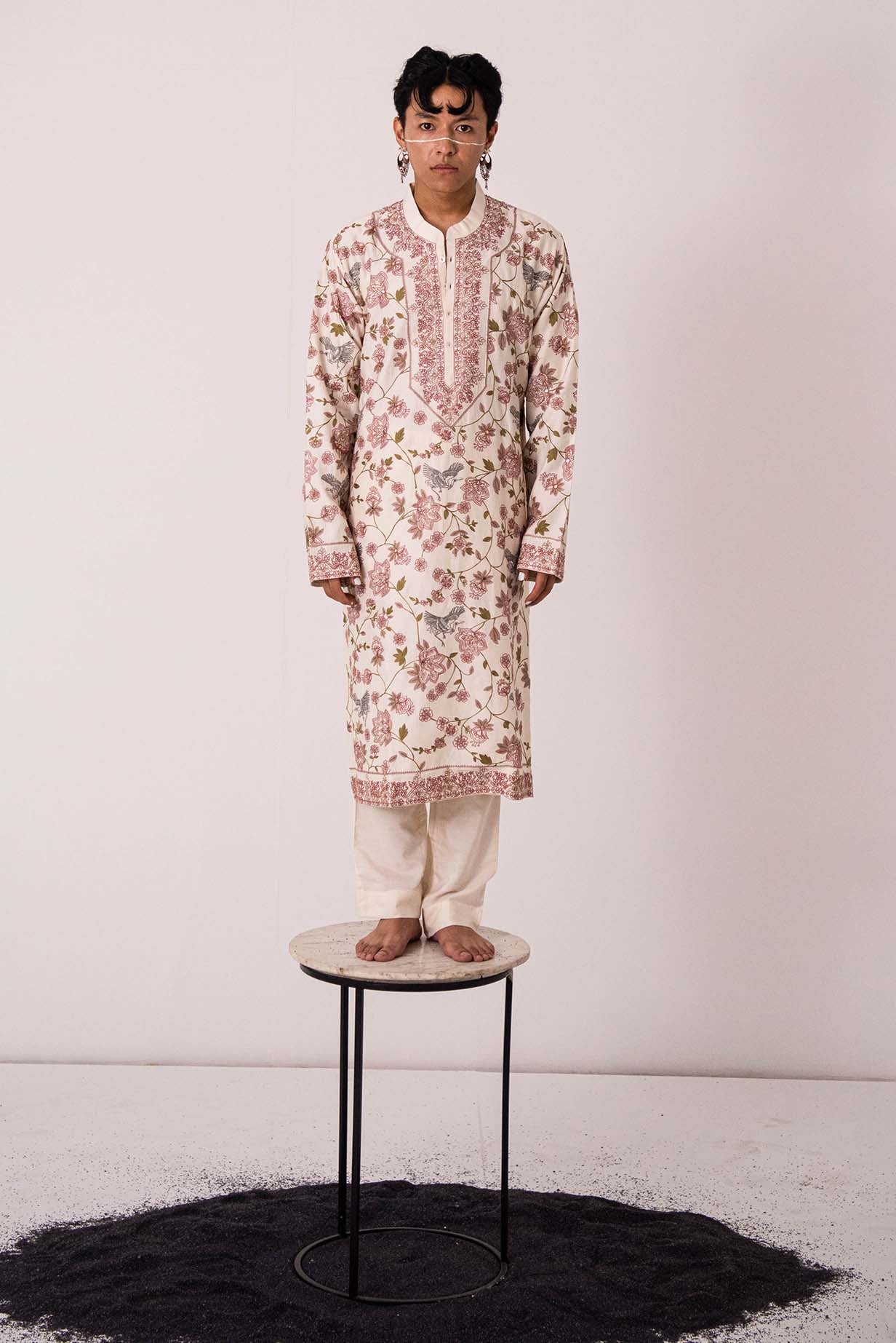 Chanderi Ivory Flying Crane Kurta With Pants