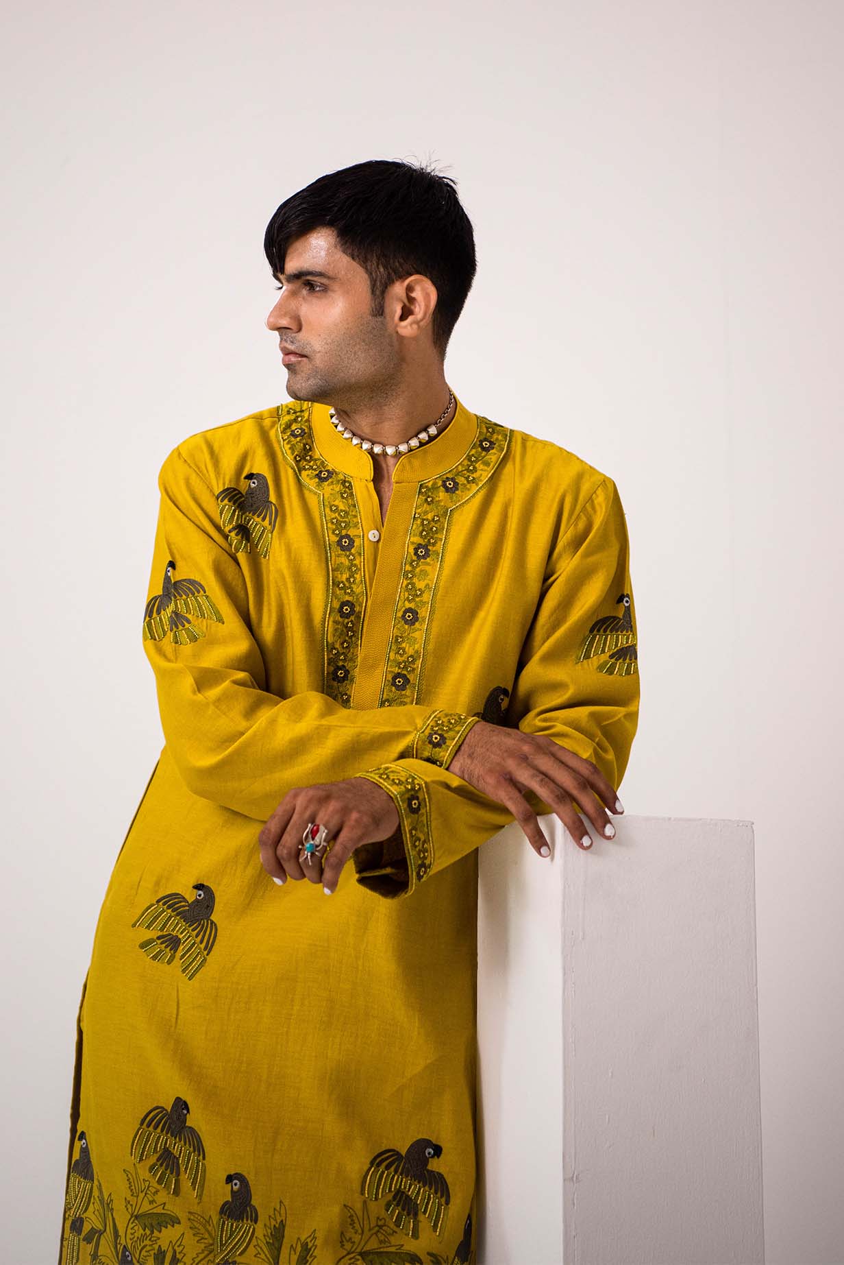 Chanderi Mustard Flock Parrot Kurta With Pants