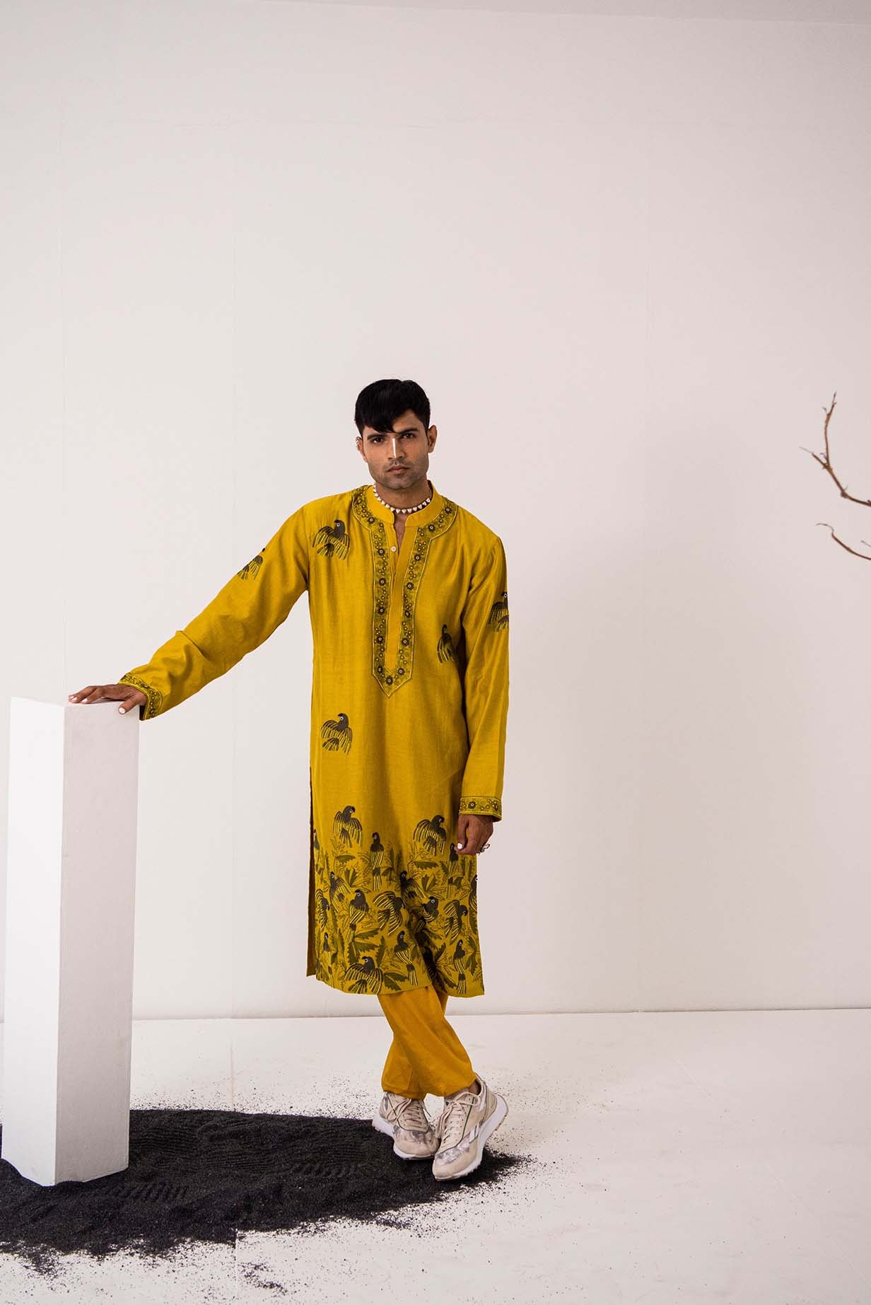 Chanderi Mustard Flock Parrot Kurta With Pants