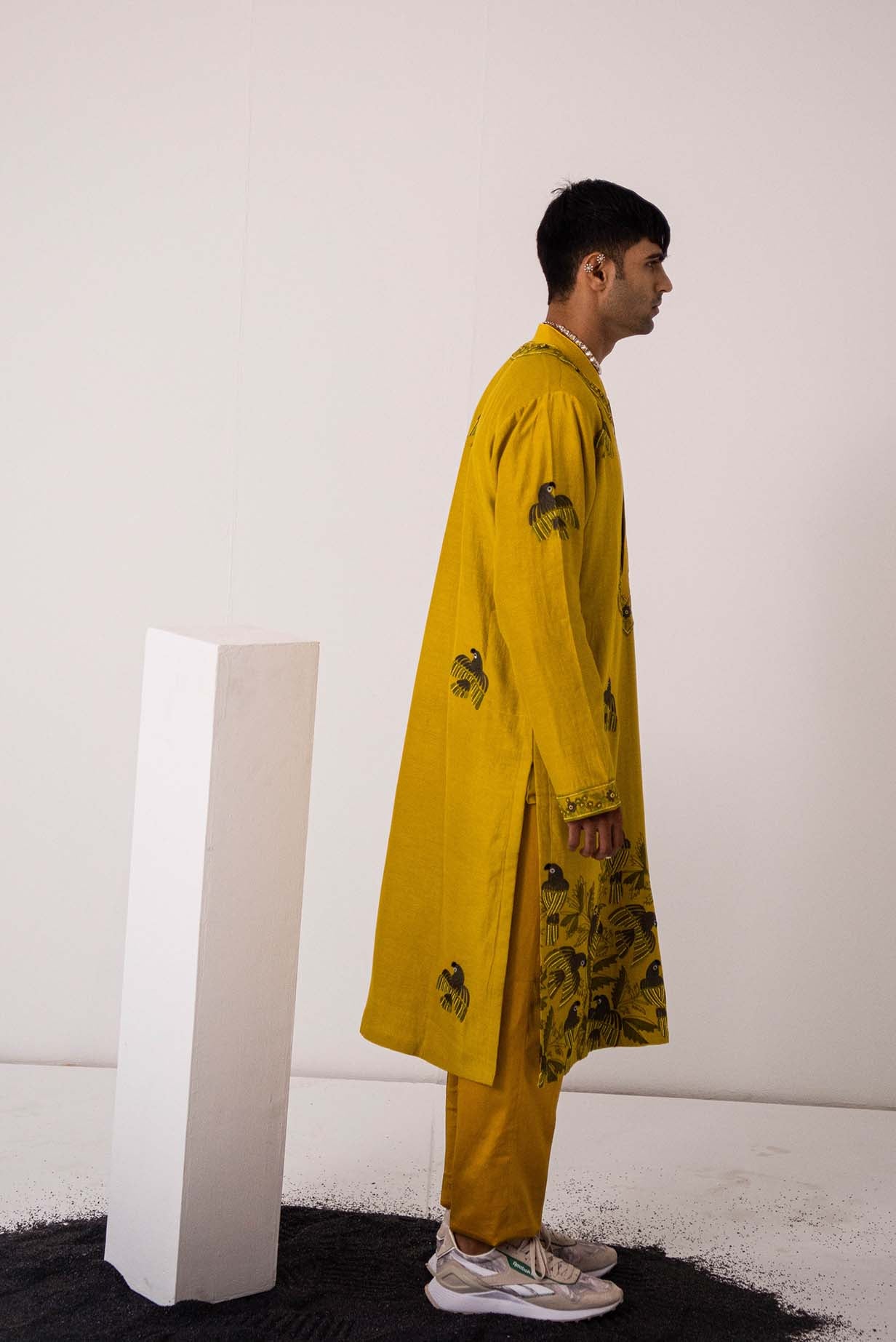 Chanderi Mustard Flock Parrot Kurta With Pants