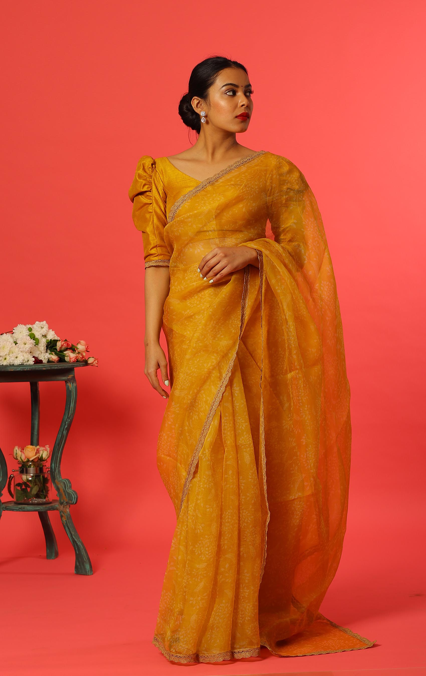 organza saree floral print