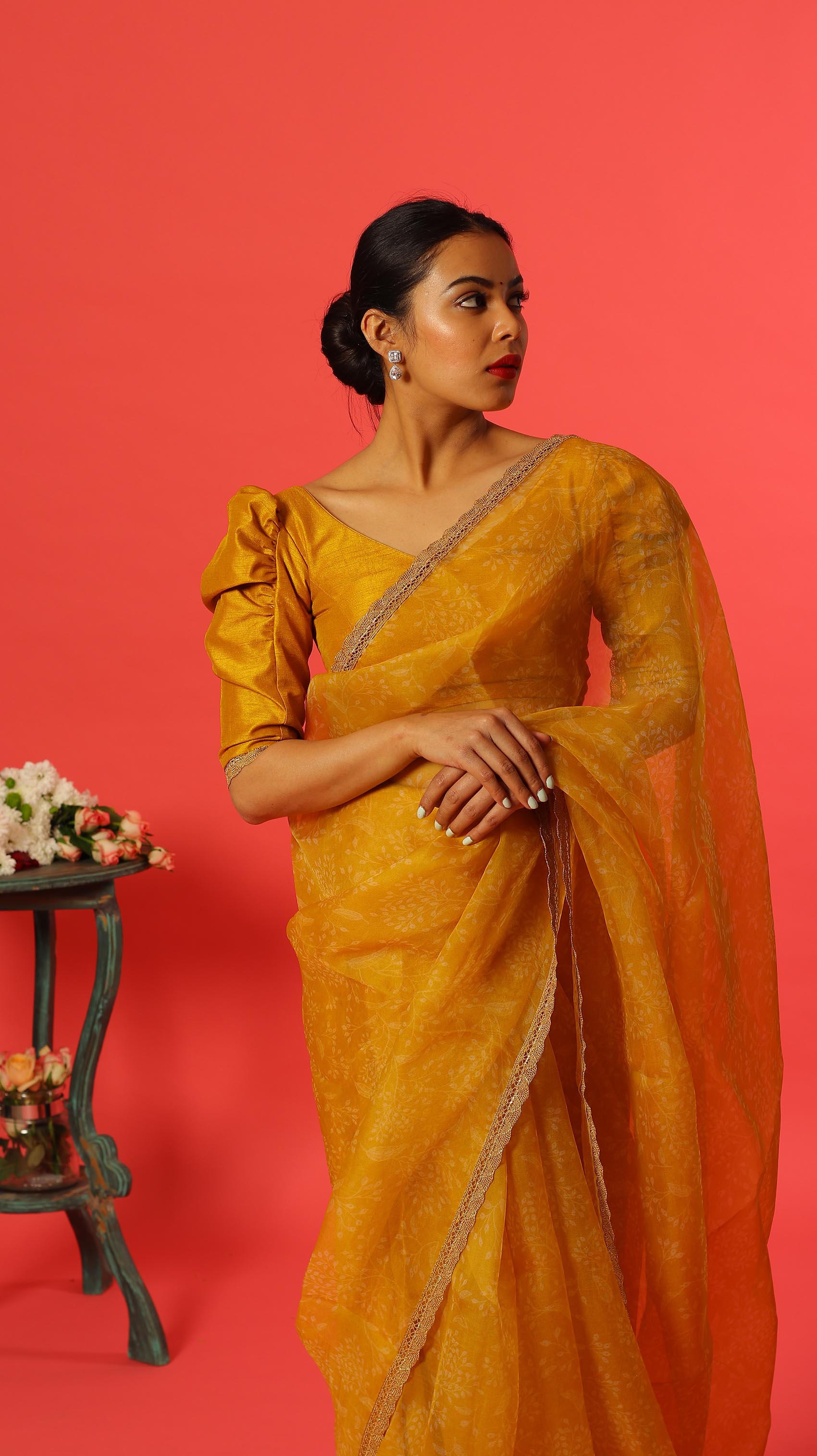 organza saree floral print