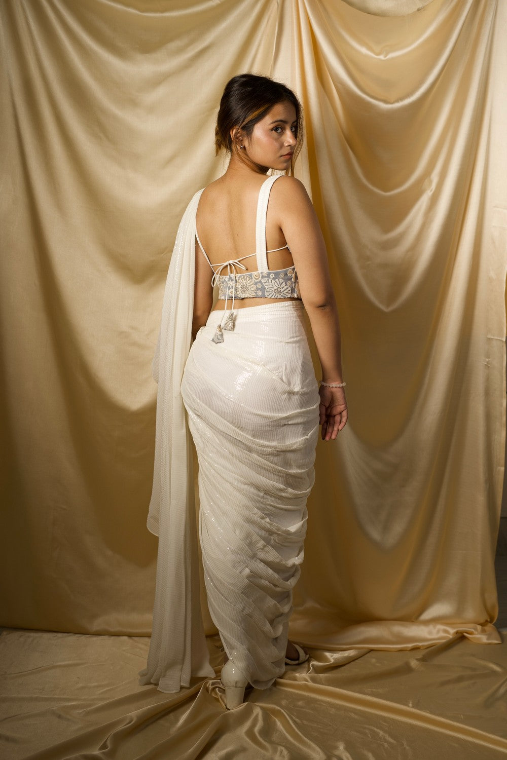 Pearl white pre draped sari