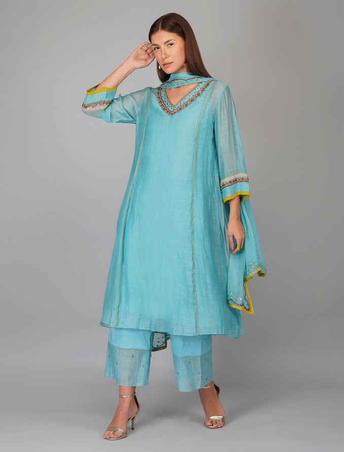 SEQUIN FLOWER TURQ KURTA SET