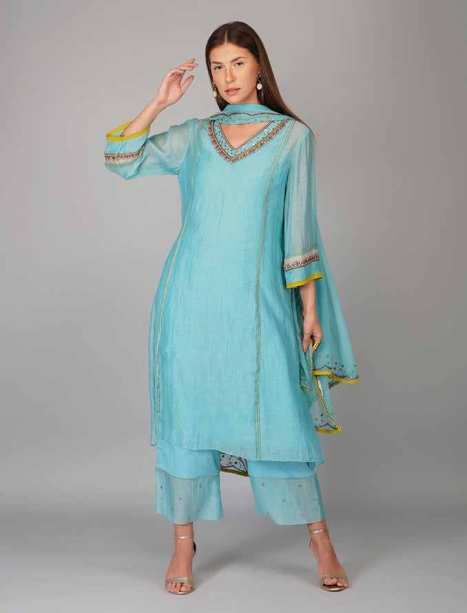 SEQUIN FLOWER TURQ KURTA SET