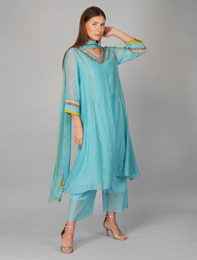 SEQUIN FLOWER TURQ KURTA SET