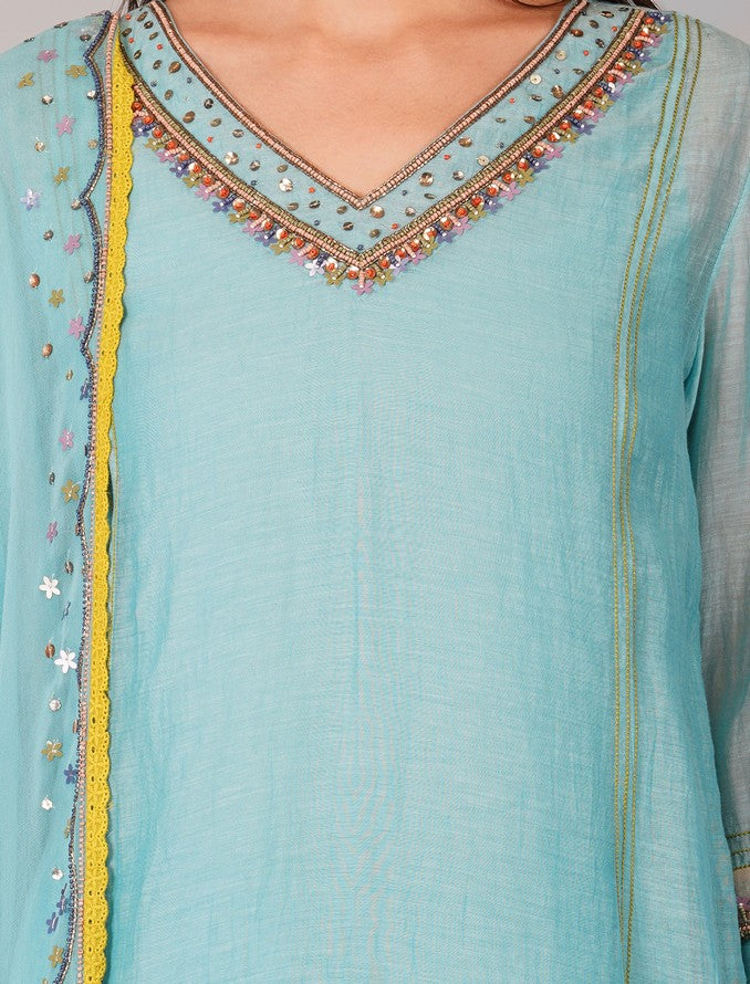 SEQUIN FLOWER TURQ KURTA SET