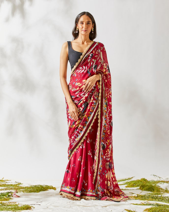 DEEP BERRY JARDIN PRINT SAREE