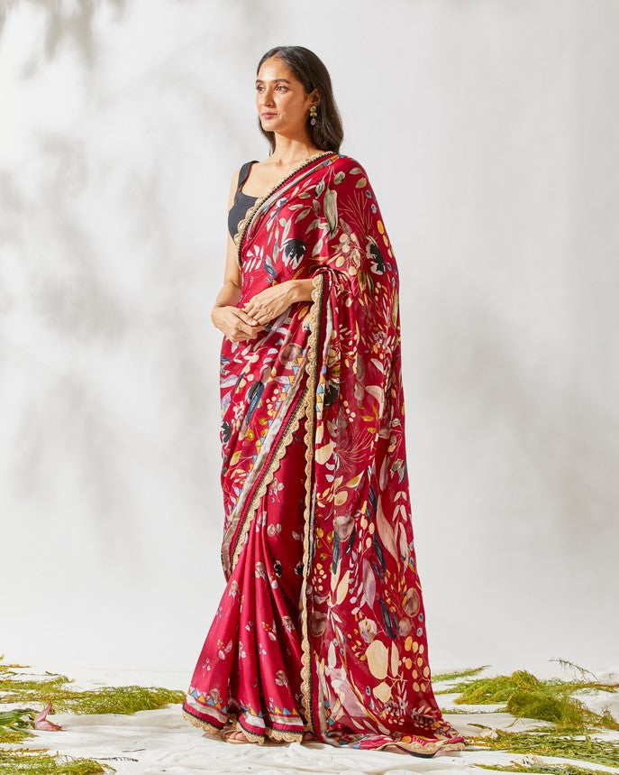 DEEP BERRY JARDIN PRINT SAREE