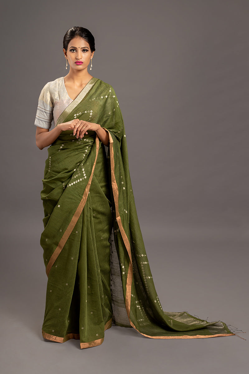 Olive Jamdani Khadi Handloom Saree