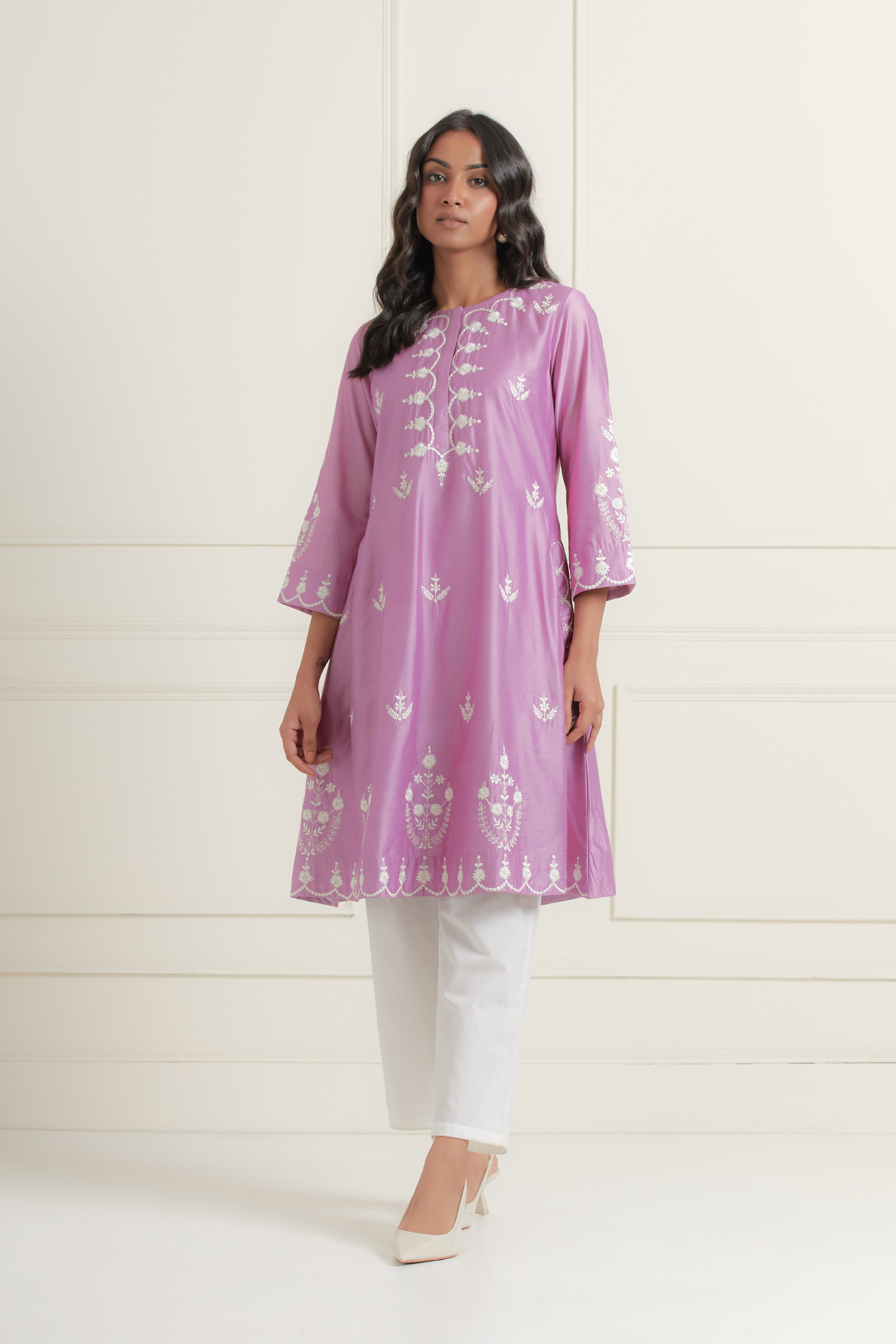 Purple embroidered chanderi silk kurta set