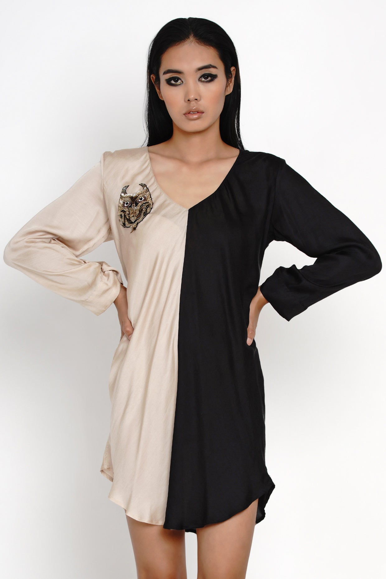 TWO-TOO DRESS BEIGE I BLACK