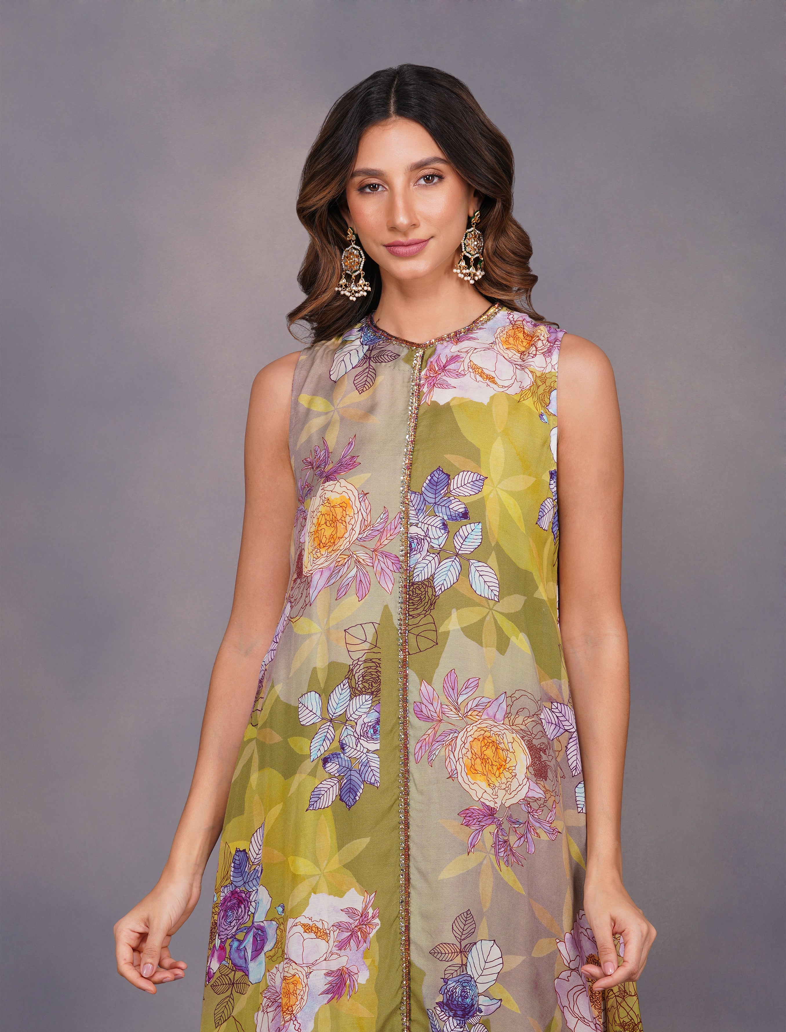 BIG FLOWER PRINT GREEN TUNIC SET