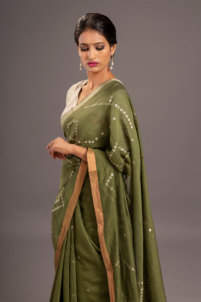 Olive Jamdani Khadi Handloom Saree