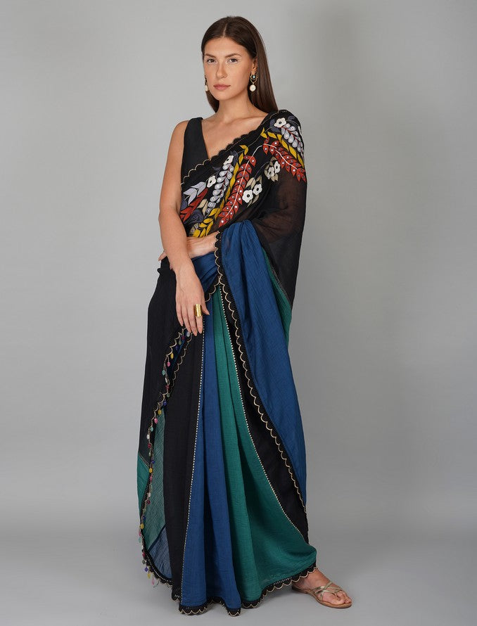 APPLIQUE WORK MULTICOLOURED SAREE SET