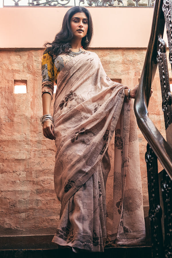 Beige Linen Handloom Saree