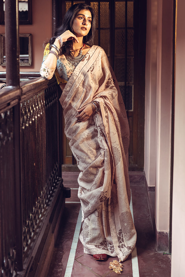 Beige Linen Handloom Saree