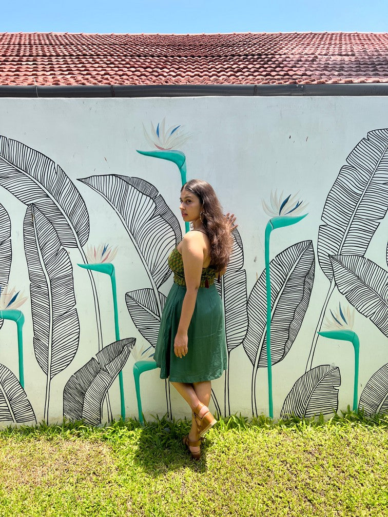 Bottle green A-line dress with handblock prints