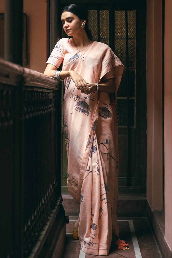 Peach Linen Handloom Saree