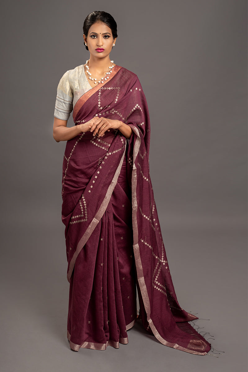 Burgandy Jamdani Khadi Handloom Saree